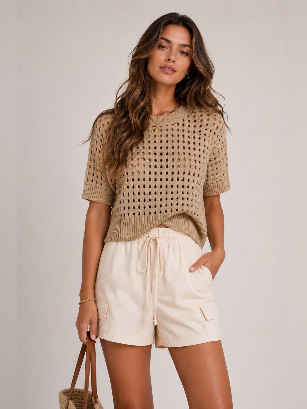 NWT Crochet Knit Cropped Top - Taupe